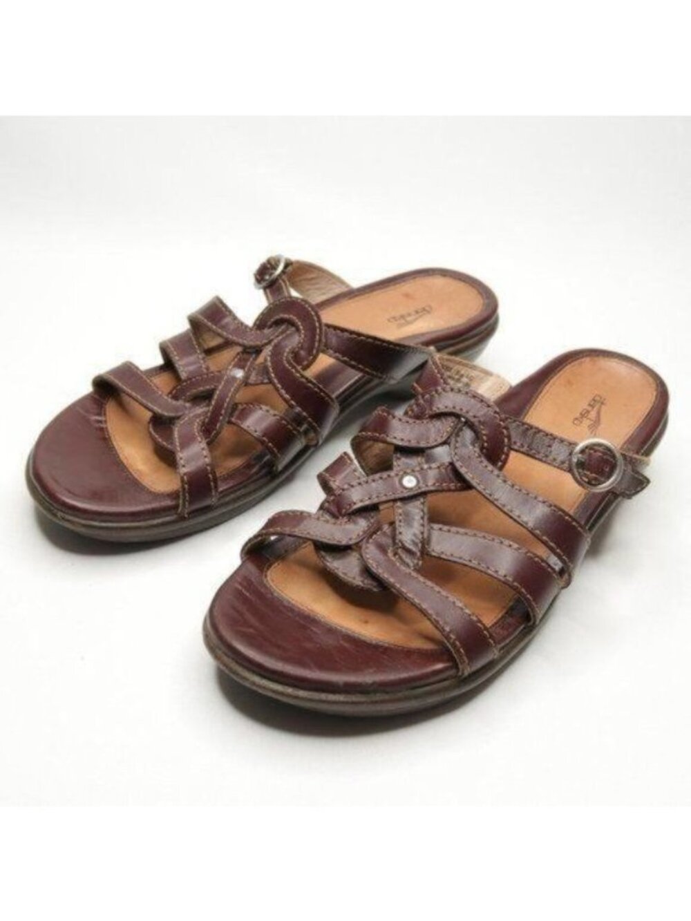 Dansko Women's Size 40 Brown Leather Slip On Strappy Wedge Sandals